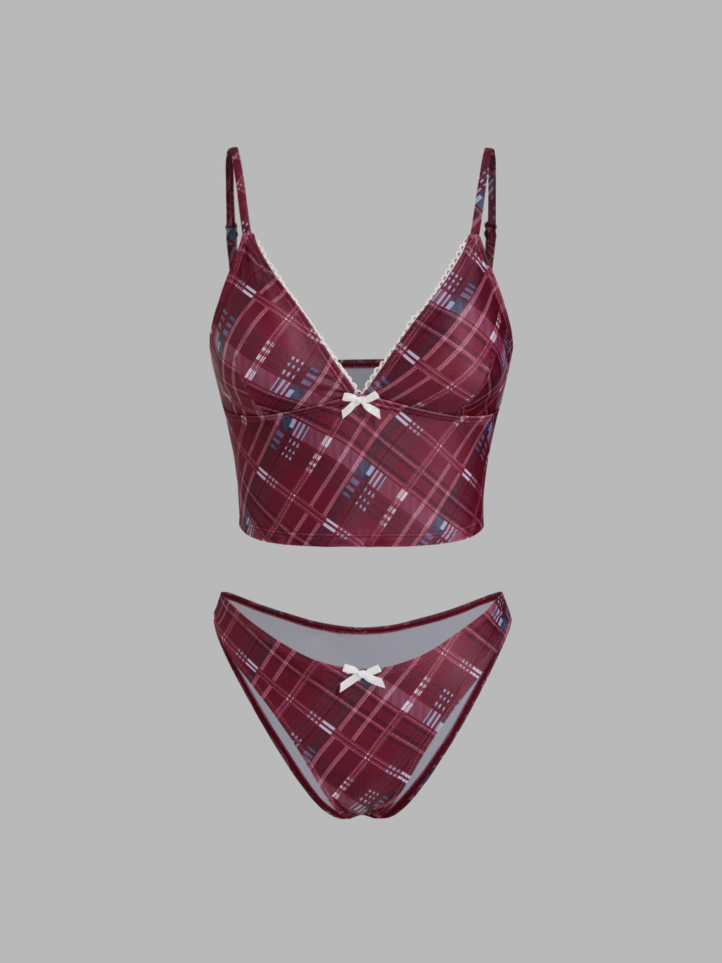 V-neck Check Bowknot Tankini Cheeky Bikini Set