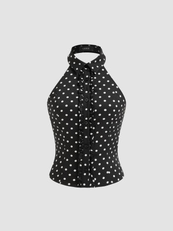 Halter Collar Polka Dot Lettuce Trim Shirred Tank Top