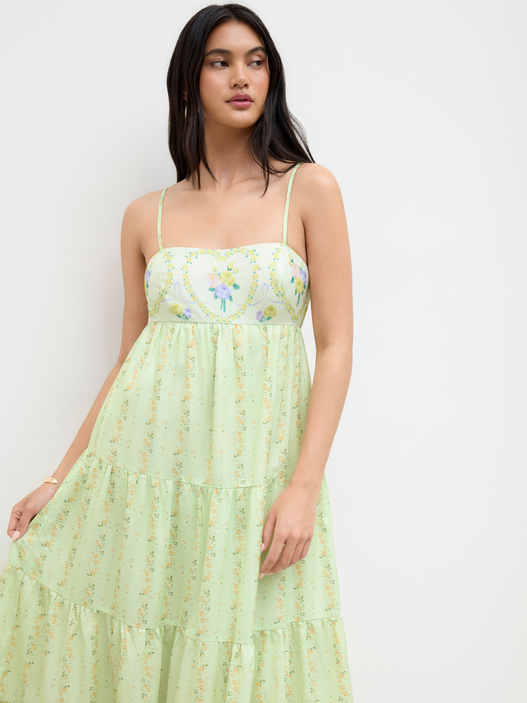Square Neck Ditsy Floral Shirred Tiered Cami Maxi Dress