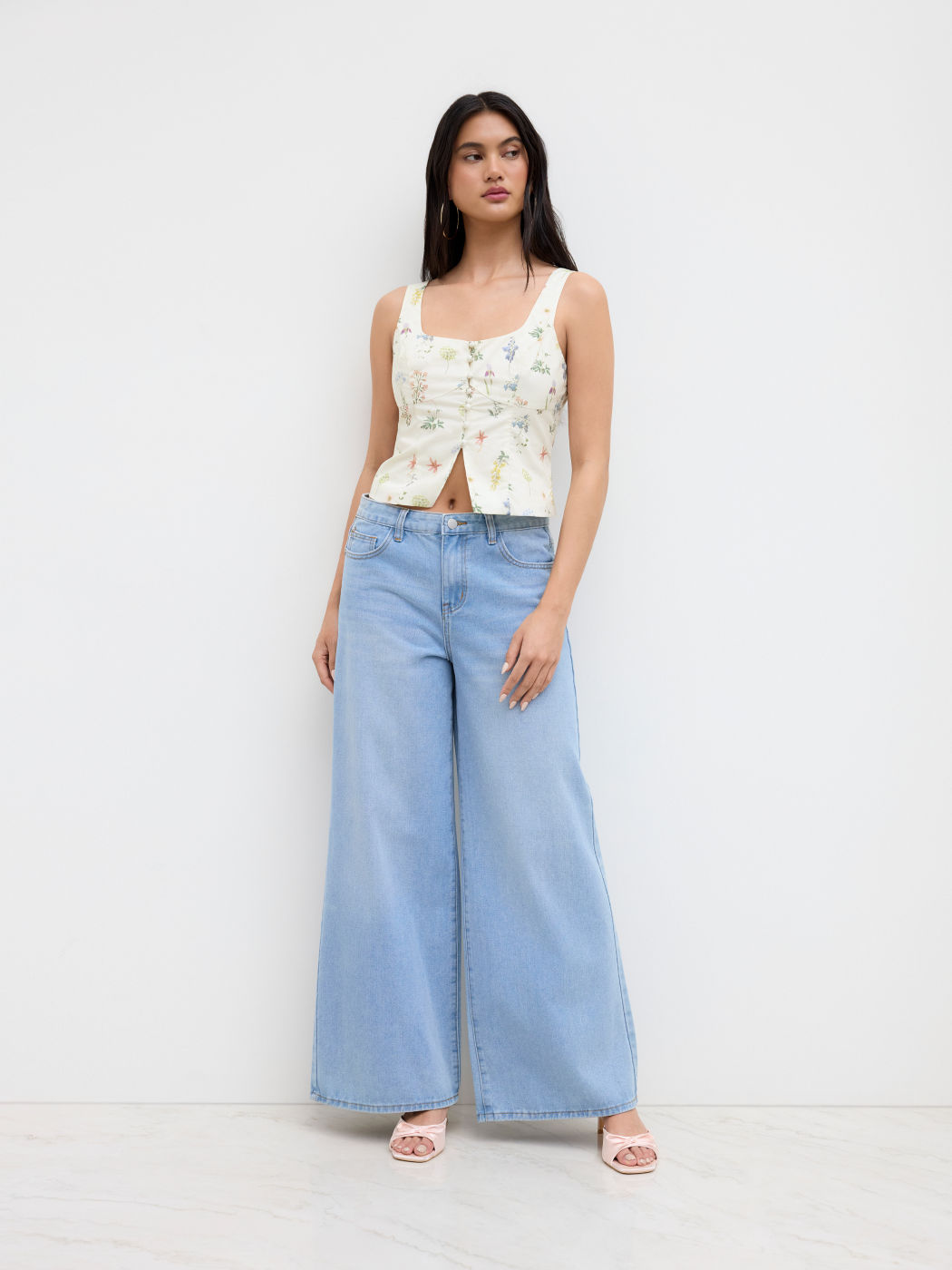 Cotton Square Neck Floral Split Tank Top