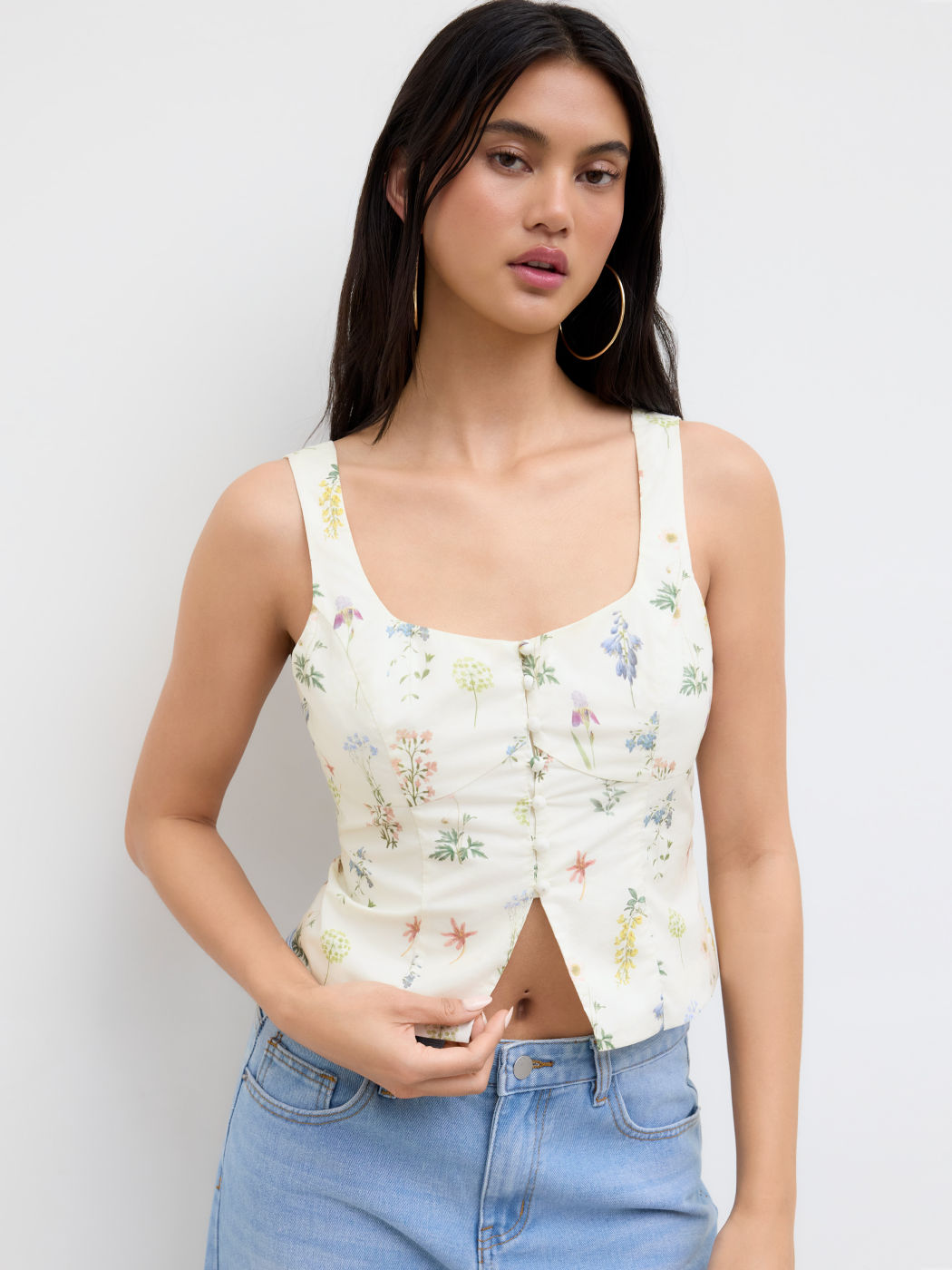 Cotton Square Neck Floral Split Tank Top