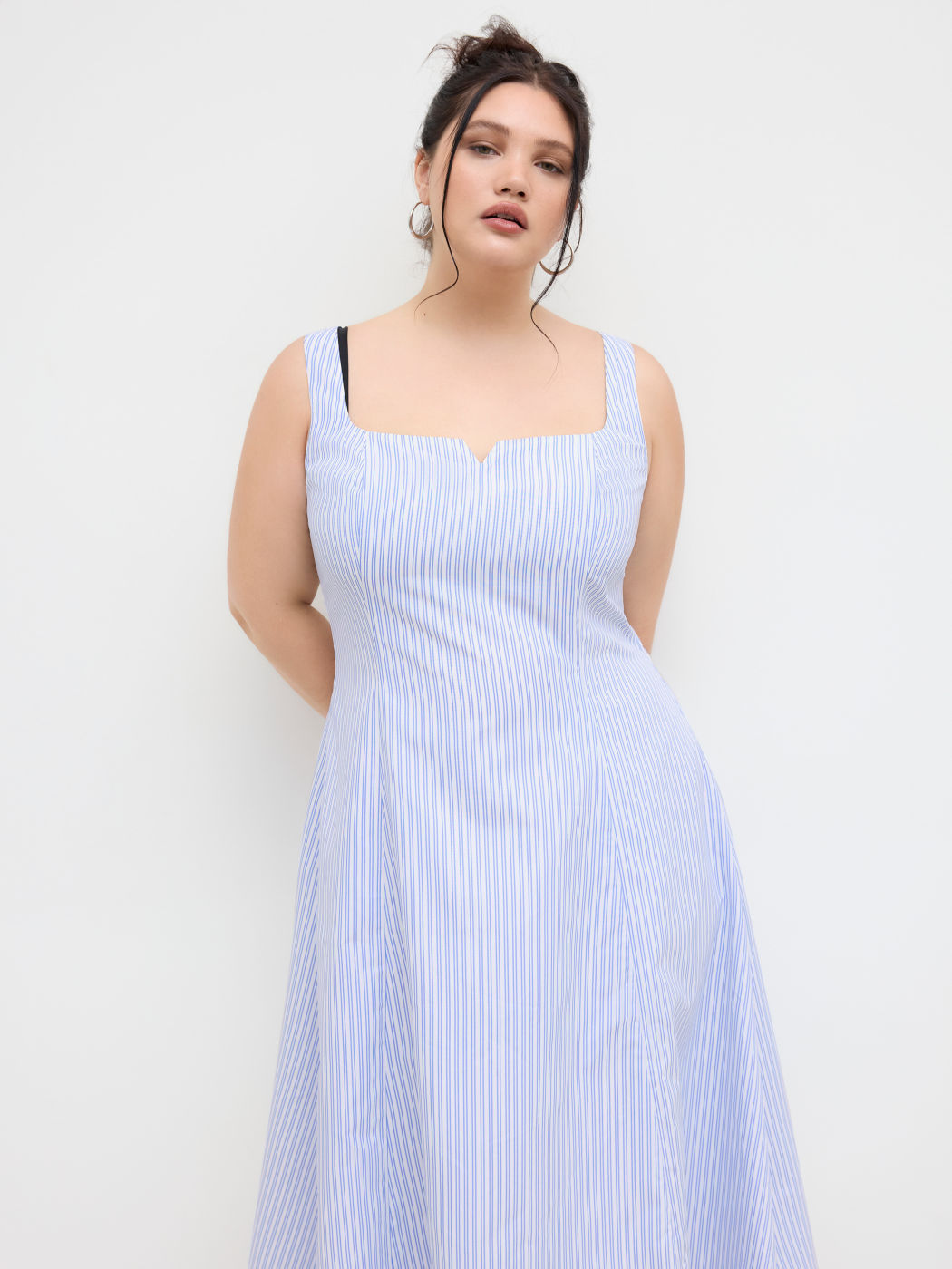 U-neckline Stripe Ruffle Hem Midi Dress Curve & Plus