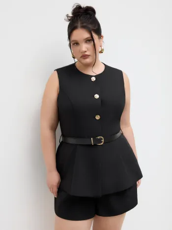 Round Neckline Metal Button Waistcoat With Belt Curve & Plus
