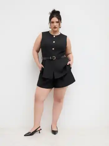 Round Neckline Metal Button Waistcoat With Belt Curve & Plus