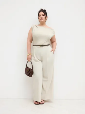 Asymmetrical Neck Ruched Jumpsuit With Belt Curve & Plus