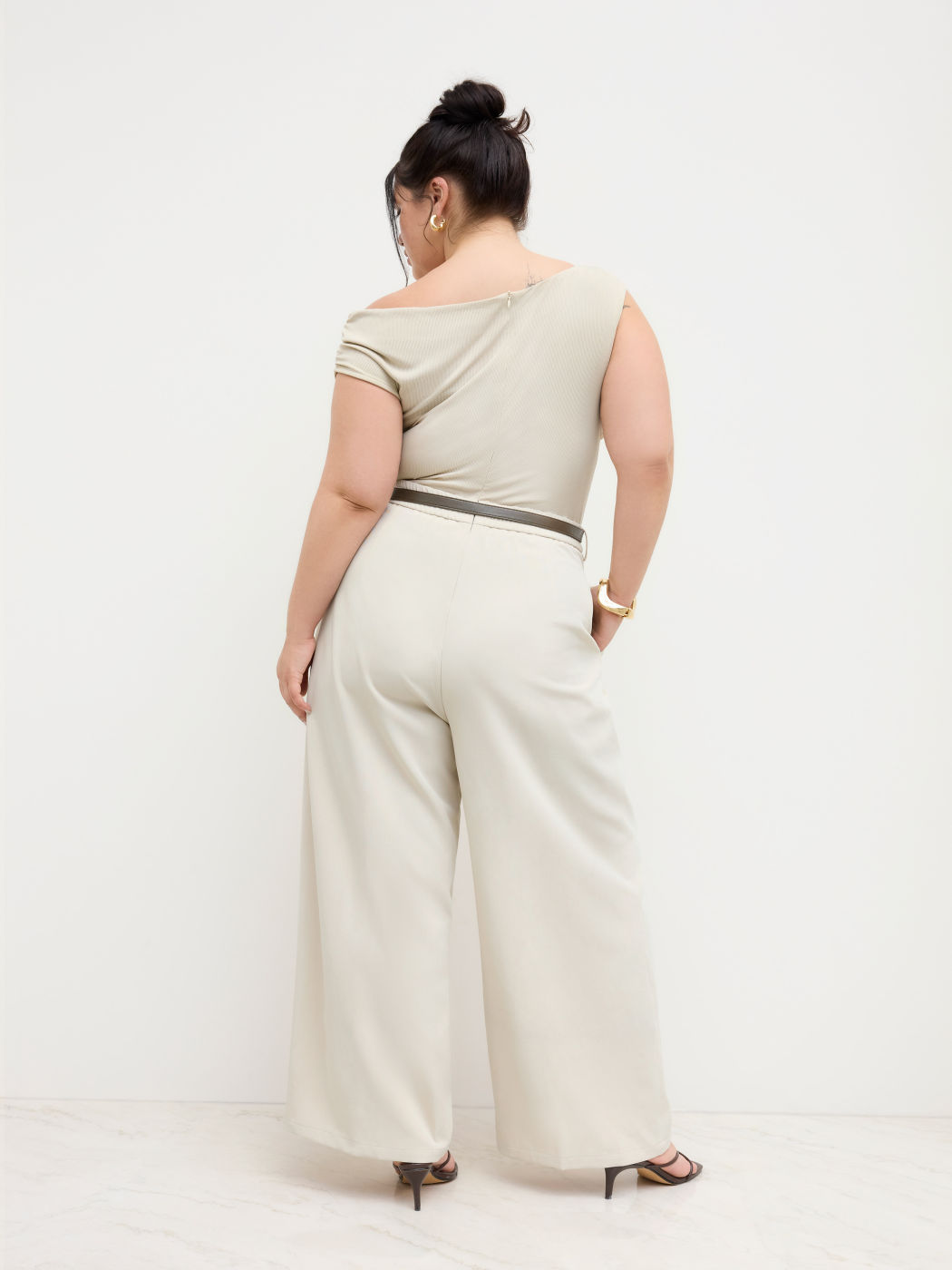 Asymmetrical Neck Ruched Jumpsuit With Belt Curve & Plus
