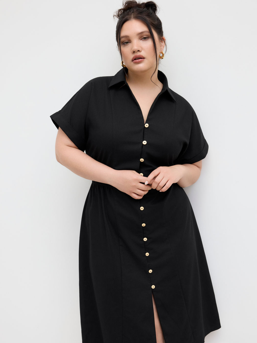 Linen-blend Polo Shirred Button Through Midi Shirt Dress Curve & Plus