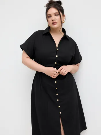 Linen-blend Polo Shirred Button Through Midi Shirt Dress Curve & Plus