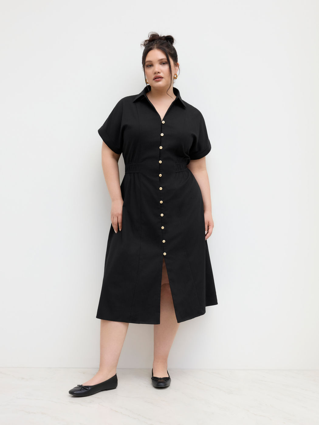 Linen-blend Polo Shirred Button Through Midi Shirt Dress Curve & Plus