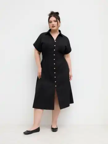 Linen-blend Polo Shirred Button Through Midi Shirt Dress Curve & Plus