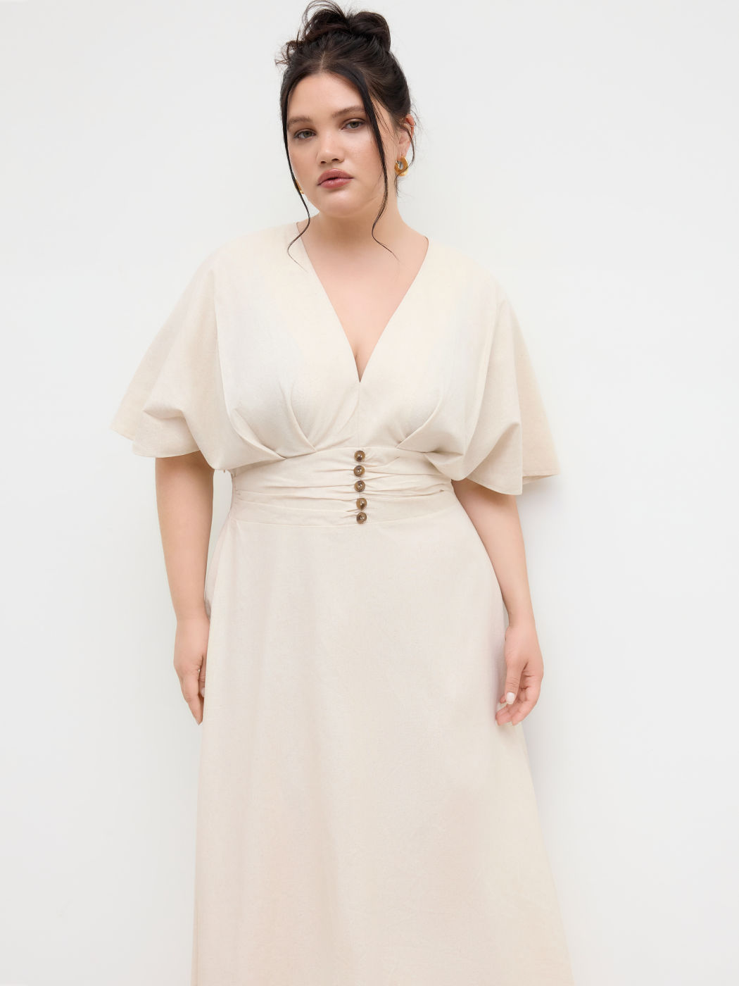 Leinenmischung V-Ausschnitt Rüschen Rippen Midikleid Kurve & Plus