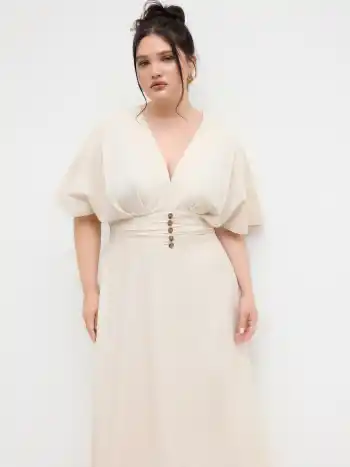 Linen-blend V-neck Ruffle Ruched Midi Dress Curve & Plus