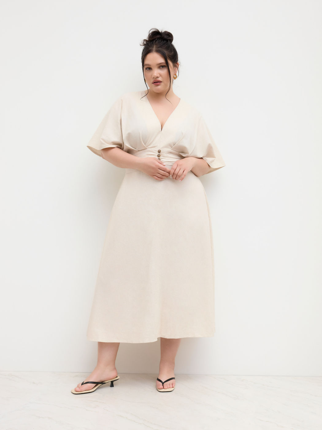 Leinenmischung V-Ausschnitt Rüschen Rippen Midikleid Kurve & Plus