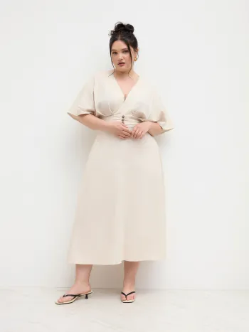 Linen-blend V-neck Ruffle Ruched Midi Dress Curve & Plus