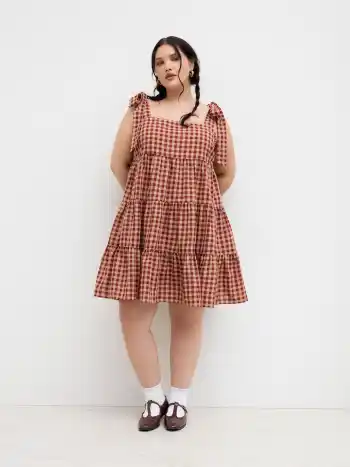 Baumwollmischung Gingham Schleife Etagen-Ruffle Mini-Kleid Kurve & Plus