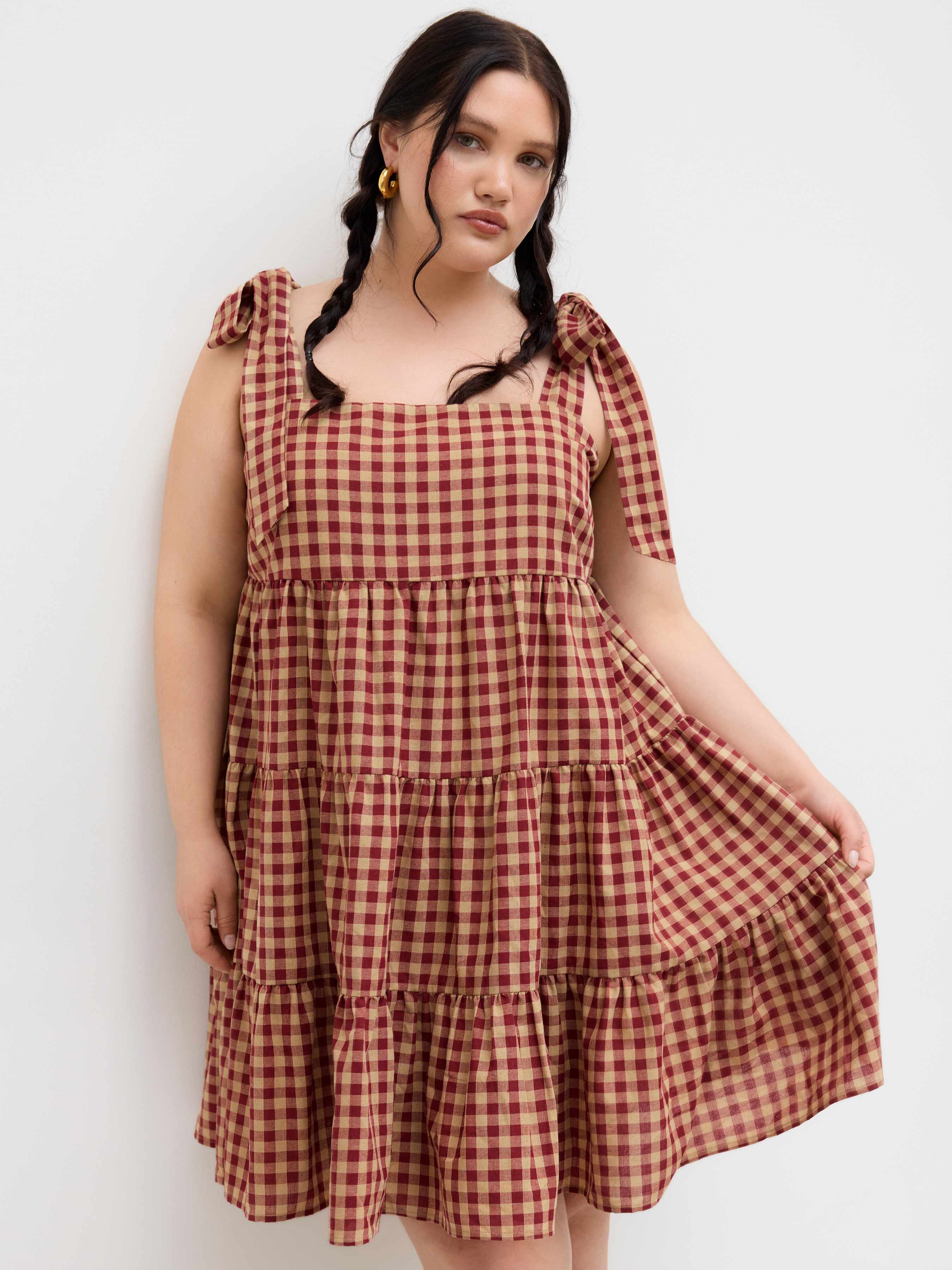 Woven Cotton-blend Gingham Bowknot Tiered Ruffle Mini Dress Curve & Plus For Daily Casual