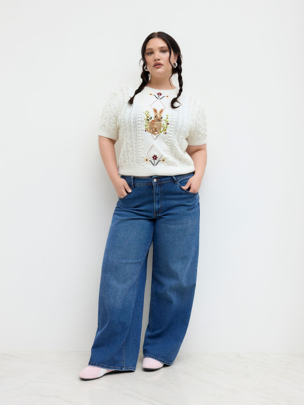 Cable Knit Round Neckline Rabbit Embroidery Crop Top Curve & Plus