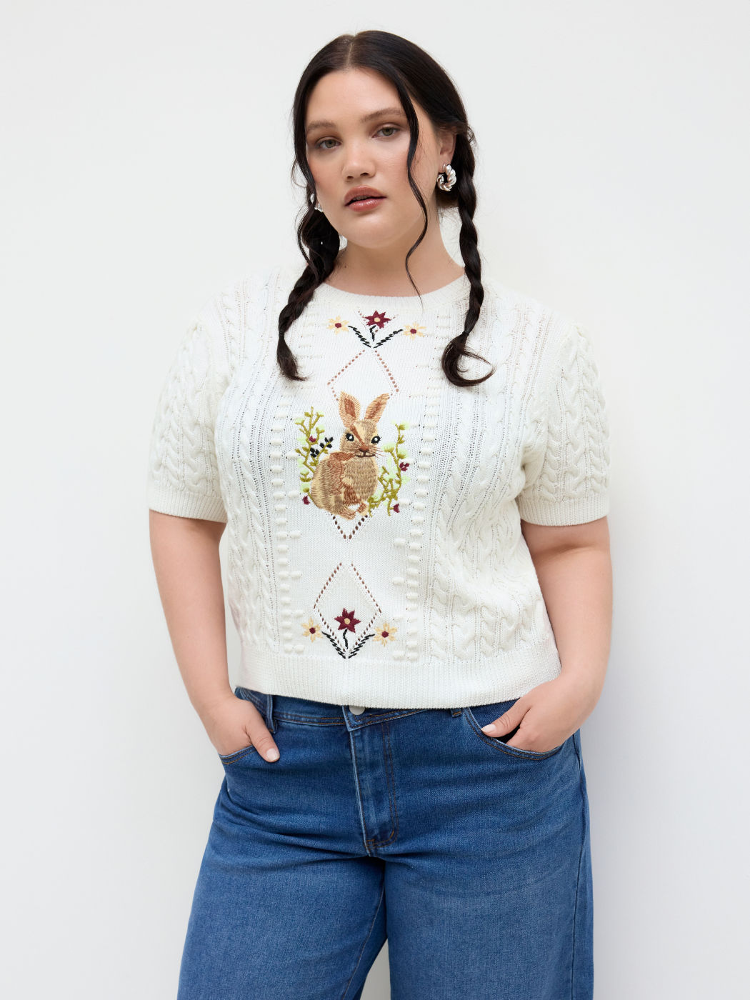 Cable Knit Round Neckline Rabbit Embroidery Crop Top Curve & Plus