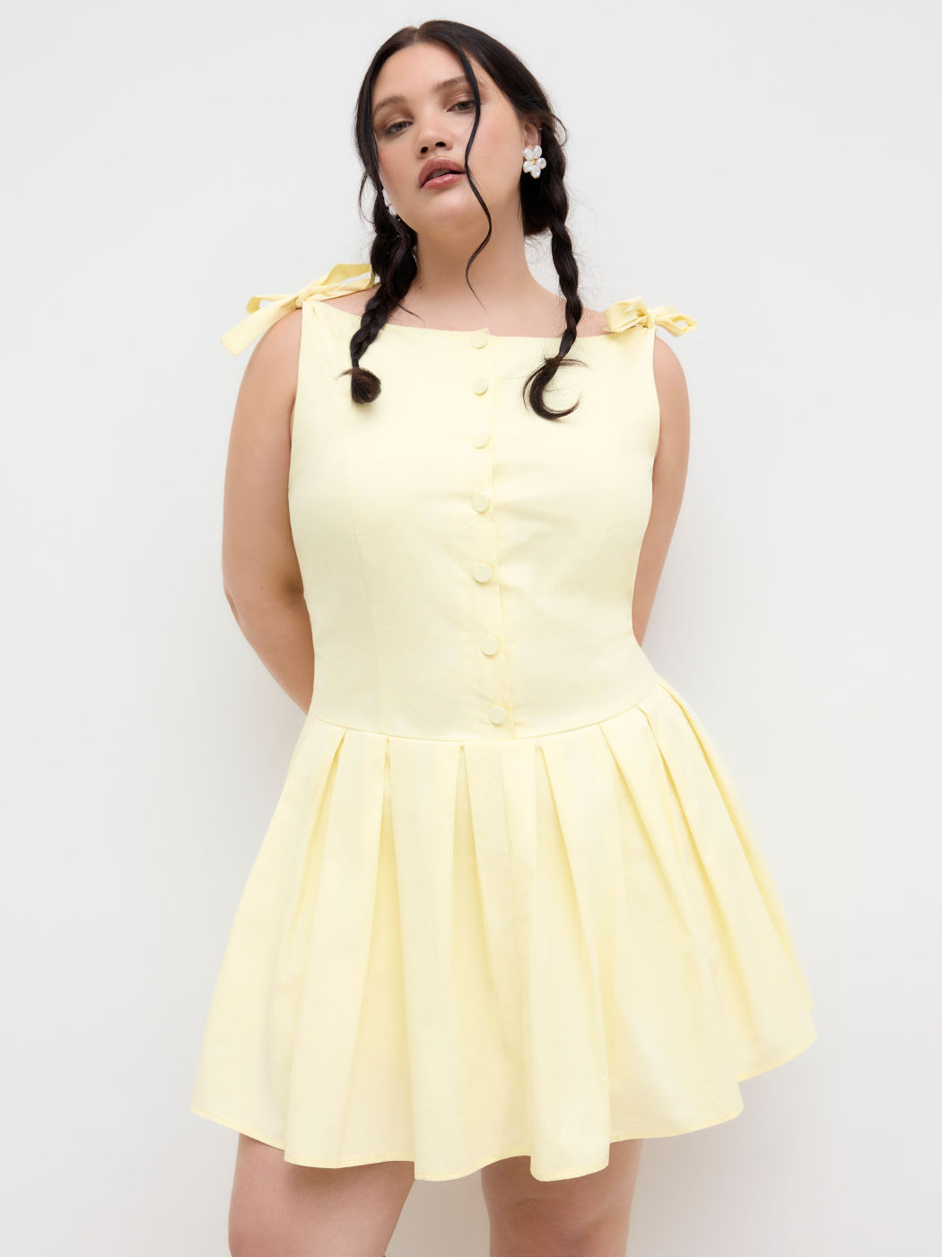 Cotton Bowknot Pleated Backless Mini Dress Curve & Plus