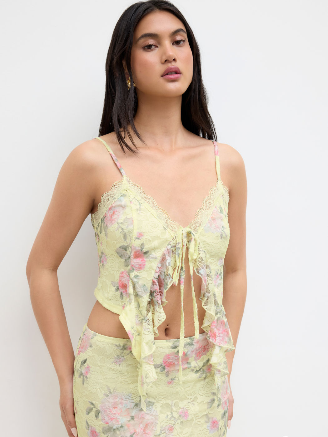 Lace V-neck Floral Ruffle Hem Cami Top & Mid Rise Mermaid Maxi Skirt Set