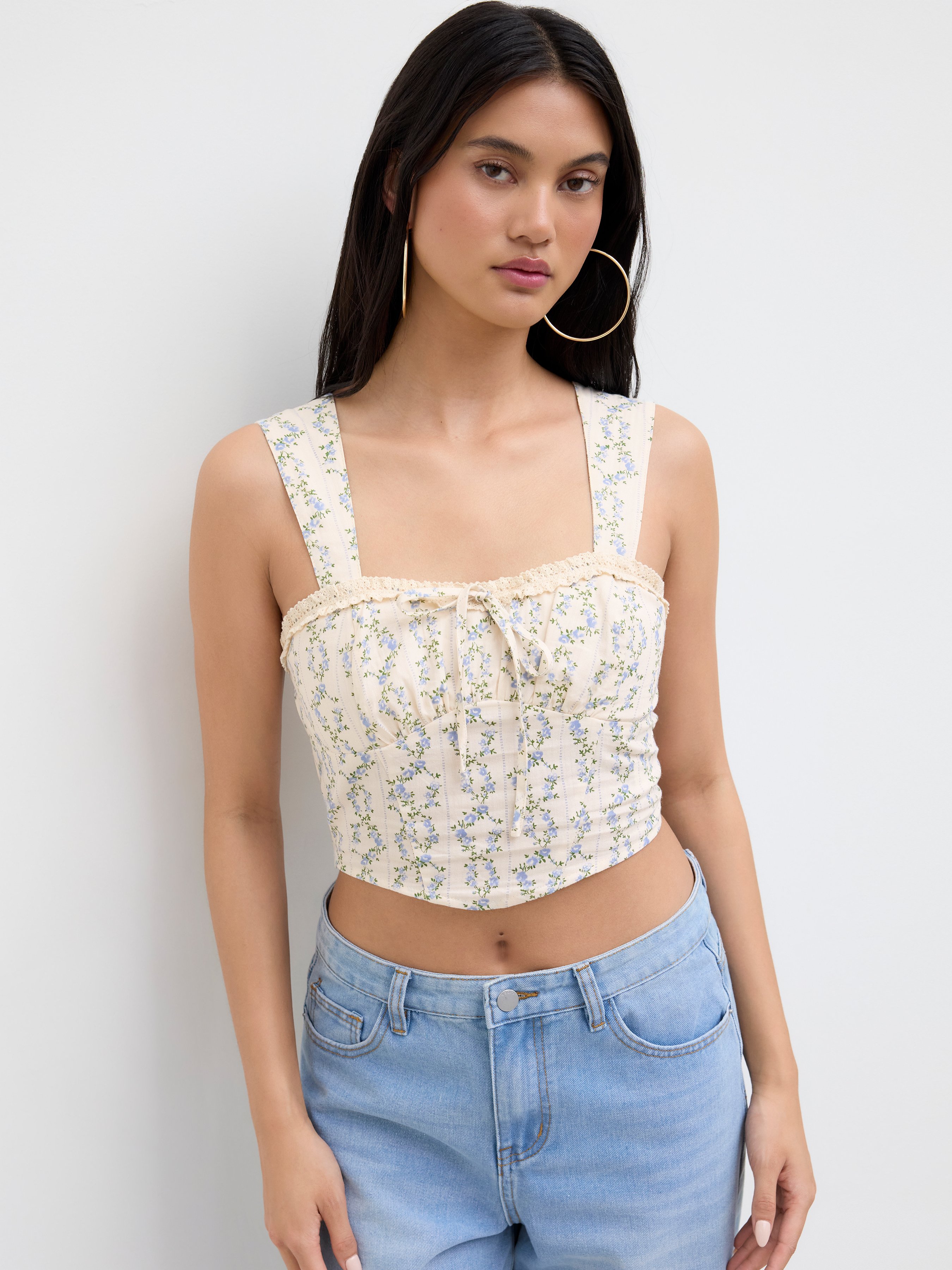 Woven 100% Cotton Floral Knotted Shirred Tank Top For Vacation