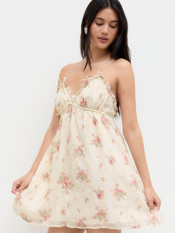 Cotton-blend V-neck Floral Knotted Lettuce Trim Mini Dress