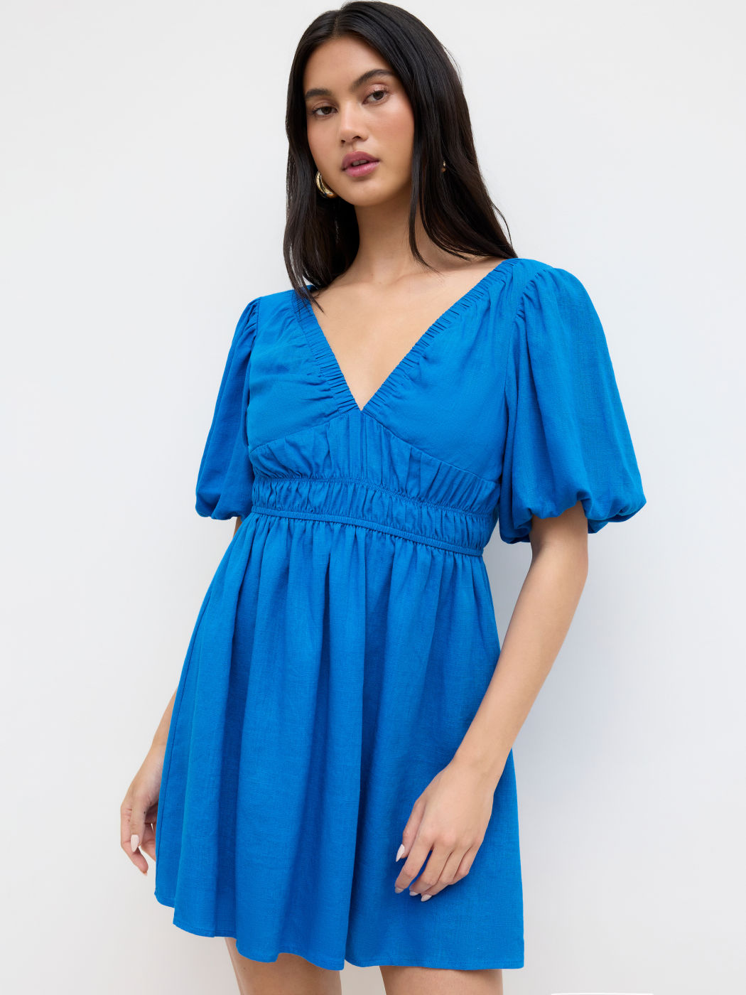 Linen-blend V-neck Shirred Puff Sleeve Mini Dress