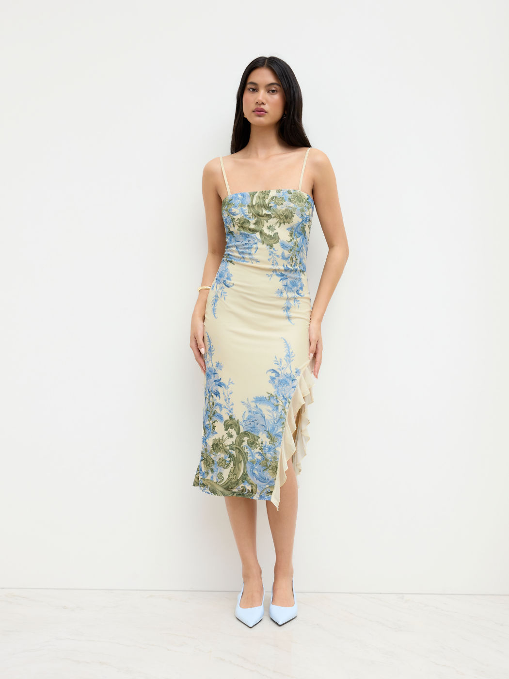 Mesh Square Neck Floral Split Maxi Dress