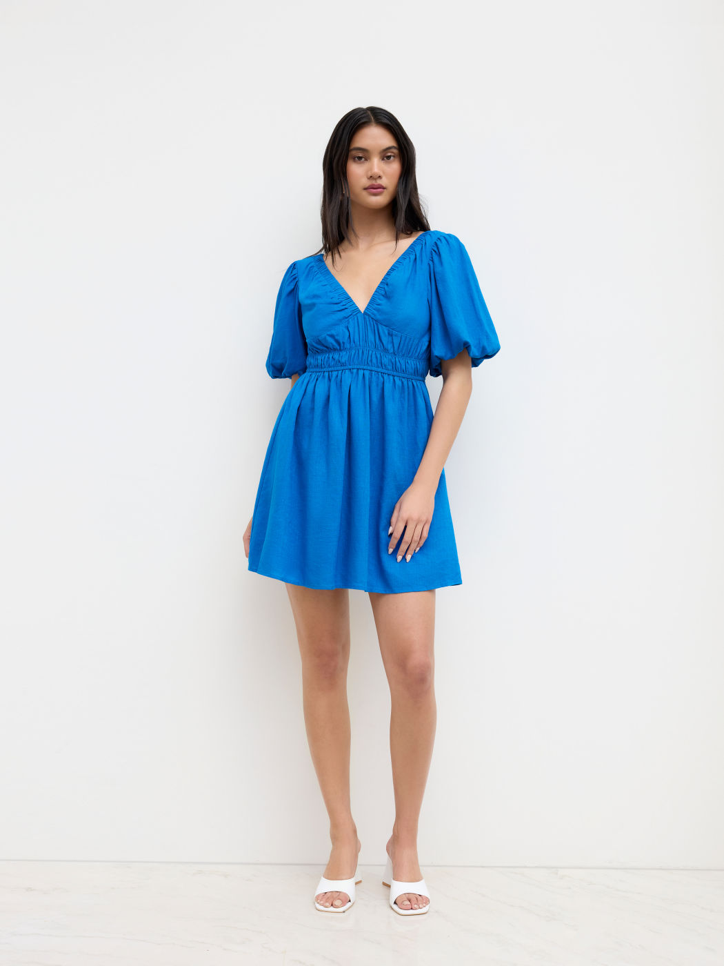 Linen-blend V-neck Shirred Puff Sleeve Mini Dress