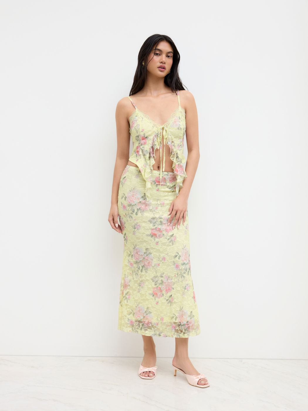 Lace V-neck Floral Ruffle Hem Cami Top & Mid Rise Mermaid Maxi Skirt Set