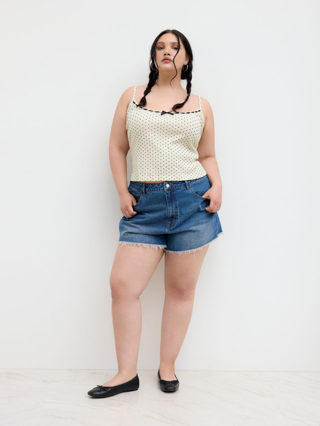 Cotton-blend Square Neck Polka Dot Bowknot Cami Top Curve & Plus