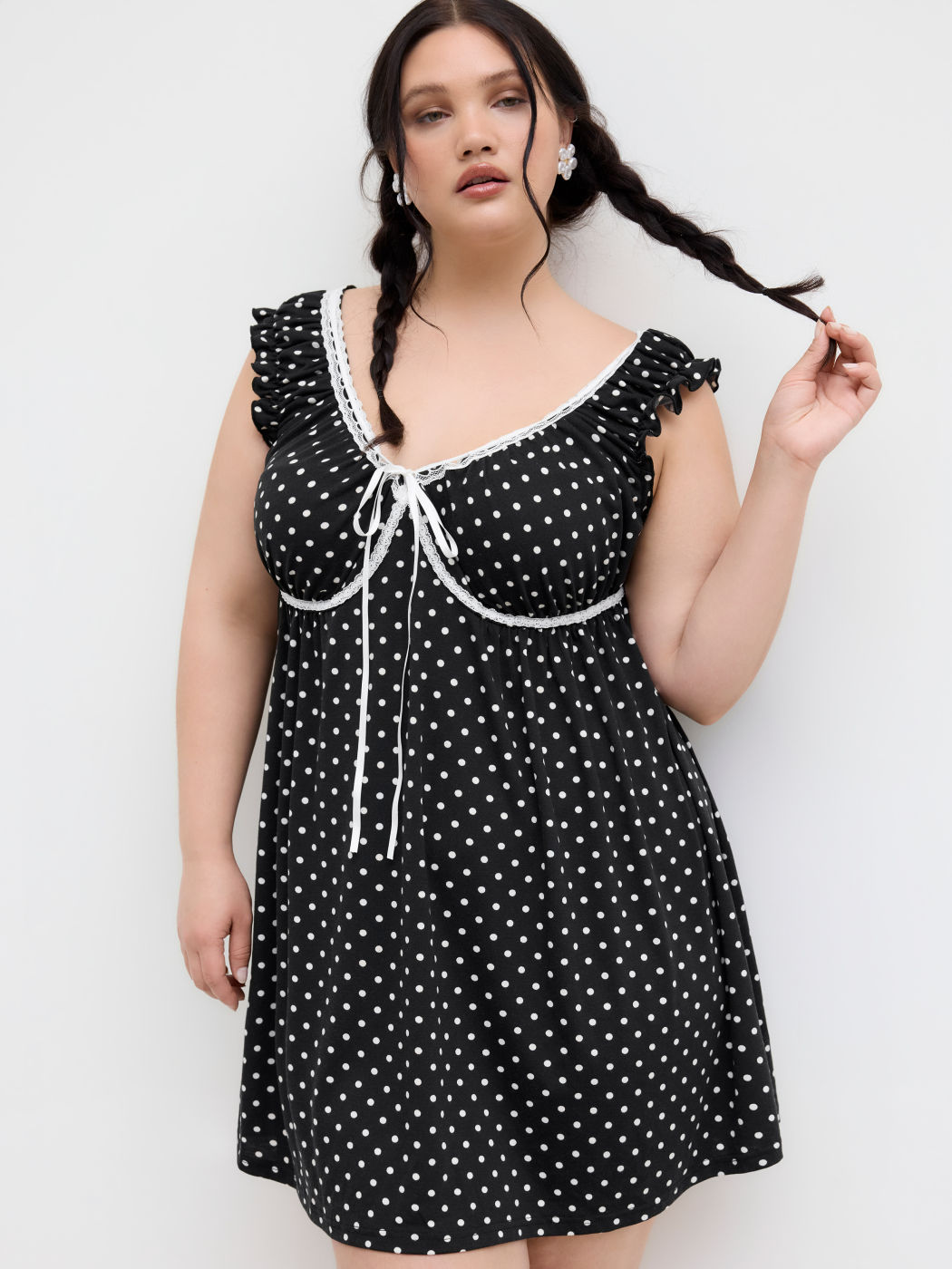 V-neck Polka Dot Lace Trim Bowknot Mini Dress Curve & Plus