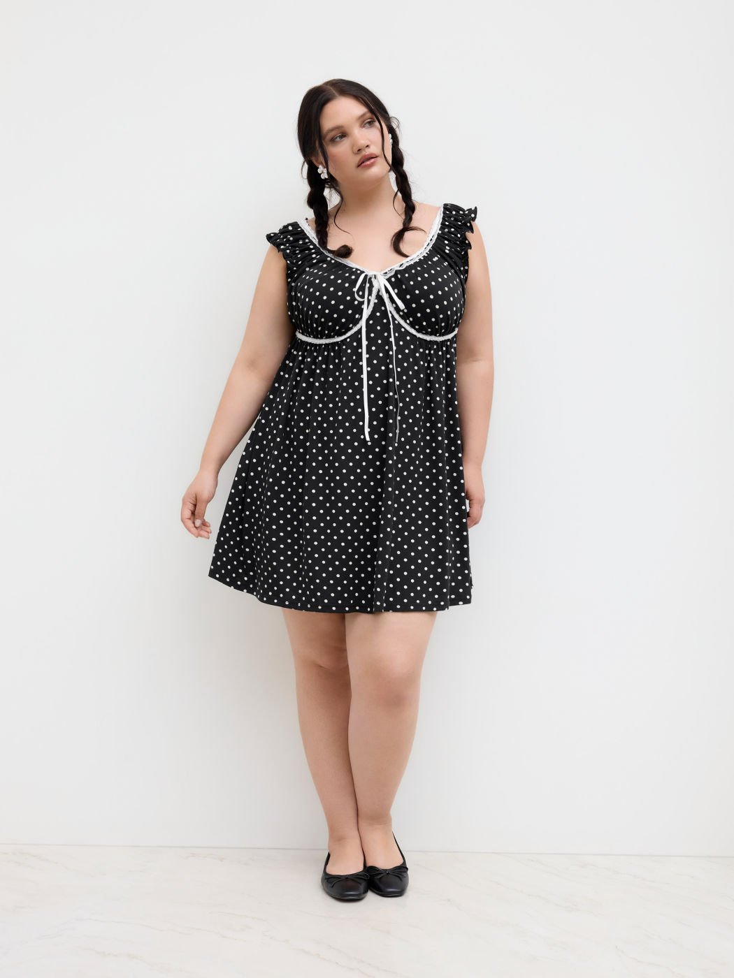 V-neck Polka Dot Lace Trim Bowknot Mini Dress Curve & Plus