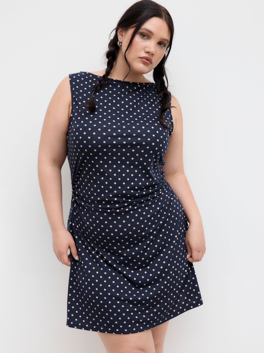 Boat Neck Polka Dot Ruched Mini Dress Curve & Plus