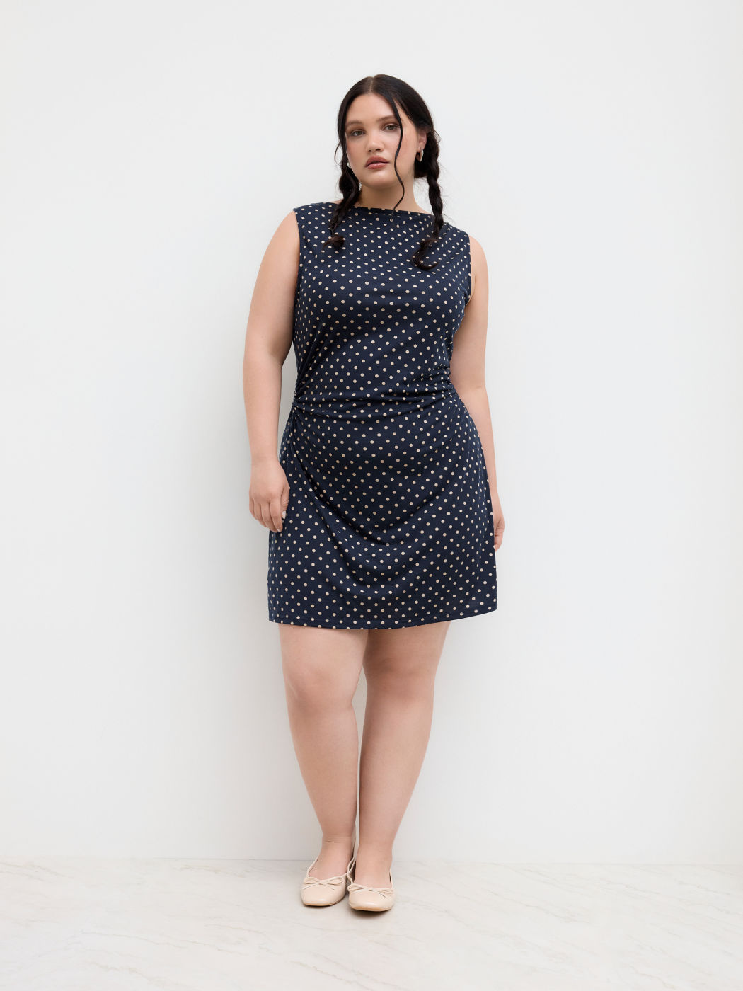 Boat Neck Polka Dot Ruched Mini Dress Curve & Plus