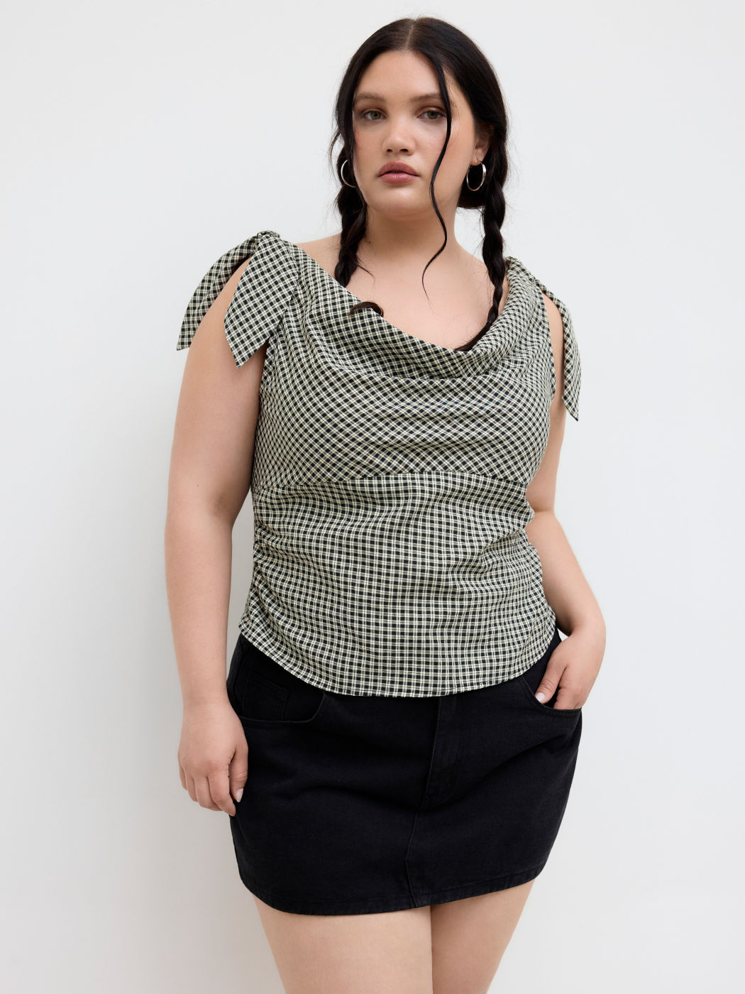 Cotton-blend Cowl Neck Check Knotted Tank Top Curve & Plus