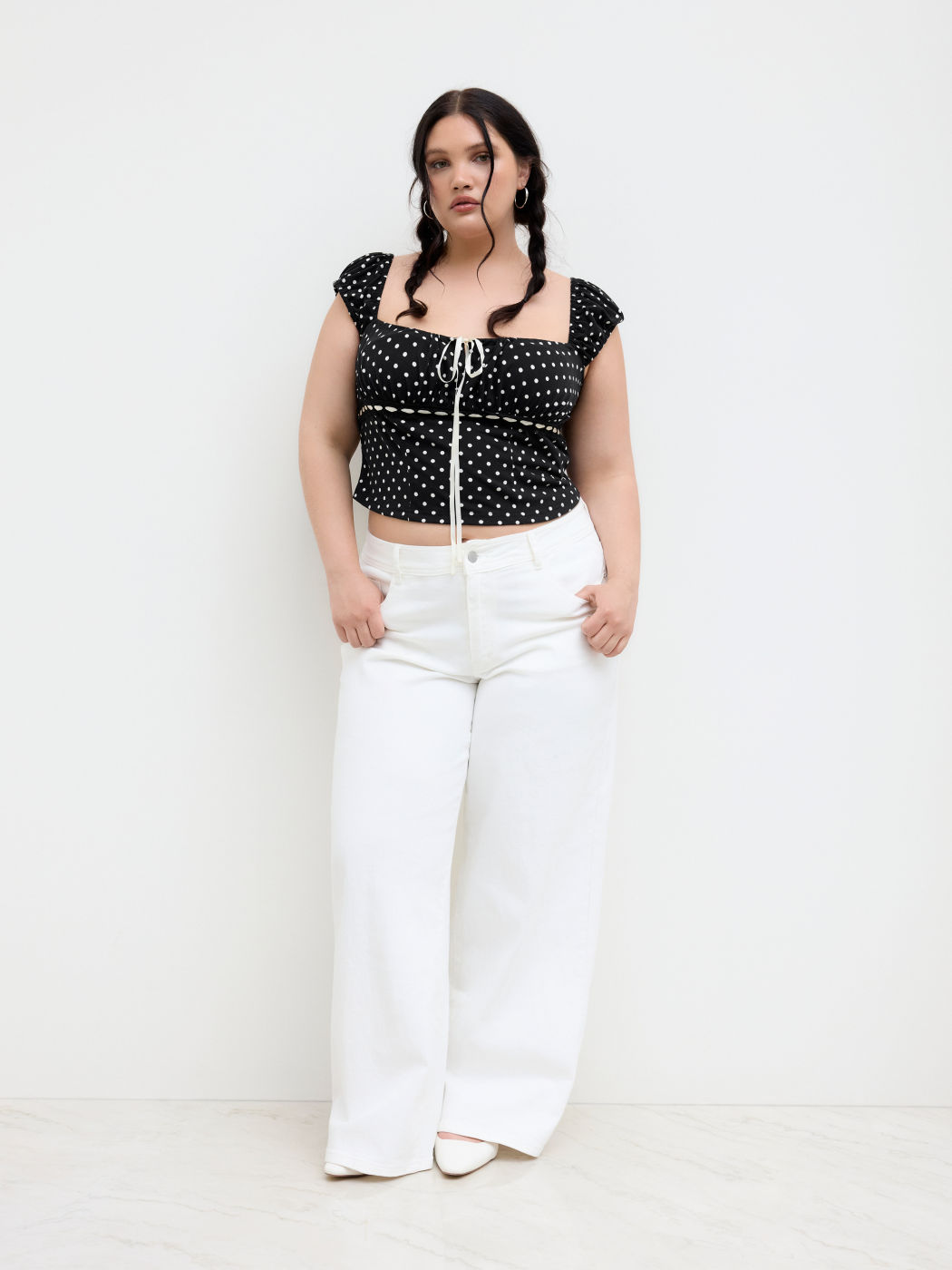 Square Neck Polka Dot Knotted Short Sleeve Top Curve & Plus