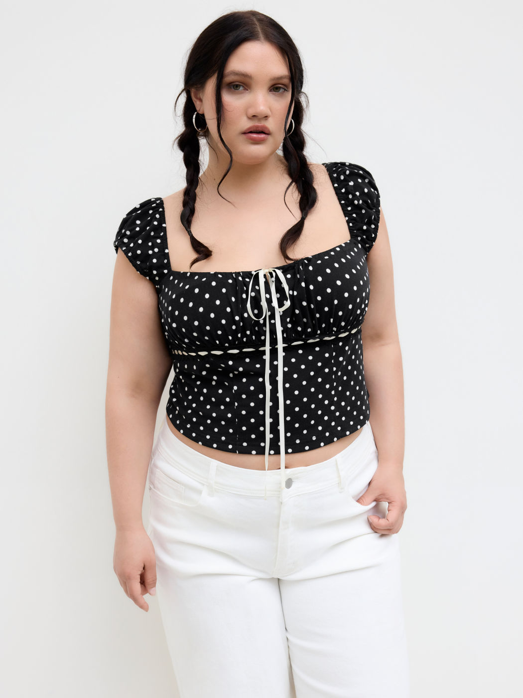 Square Neck Polka Dot Knotted Short Sleeve Top Curve & Plus