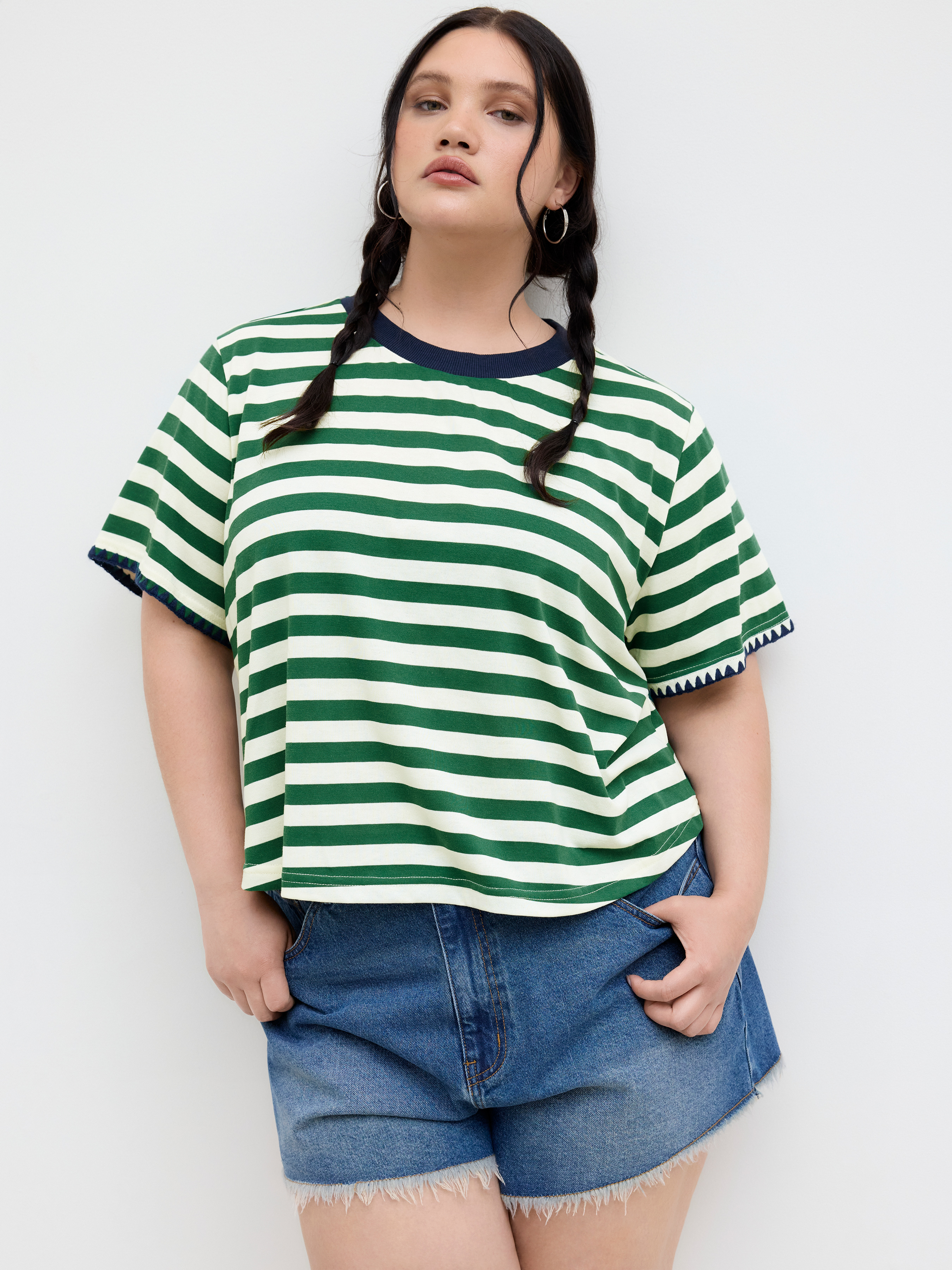 Cotton-blend Round Neckline Stripe Tee Curve & Plus