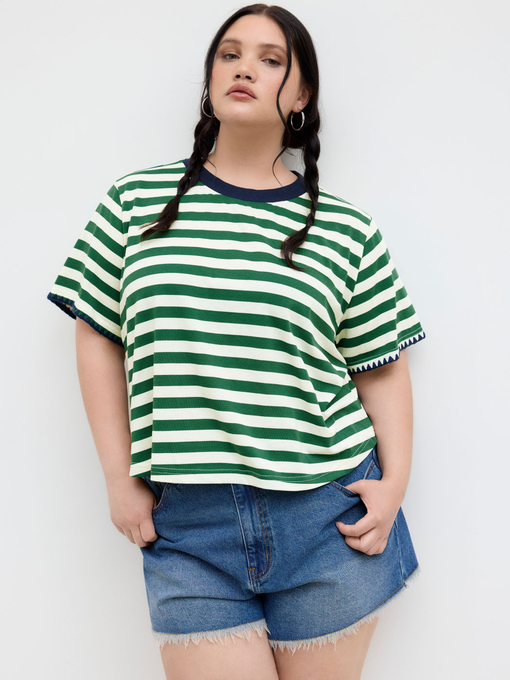Cotton-blend Round Neckline Stripe Tee Curve & Plus