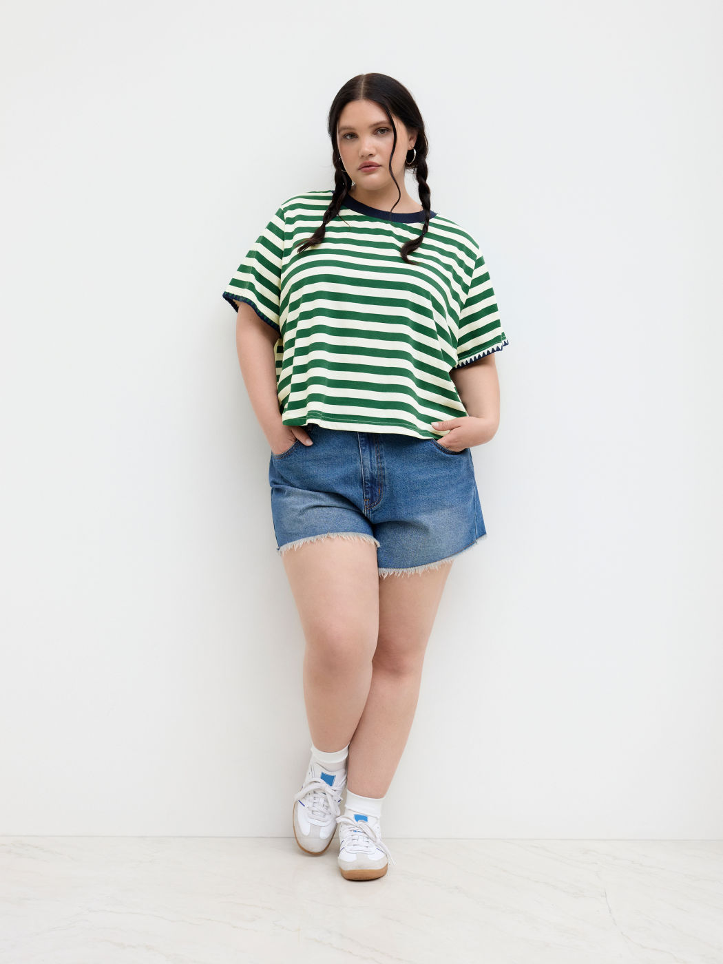 Cotton-blend Round Neckline Stripe Tee Curve & Plus