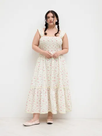 Square Neck Ditsy Floral Shirred Midi Dress Curve & Plus