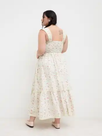Square Neck Ditsy Floral Shirred Midi Dress Curve & Plus