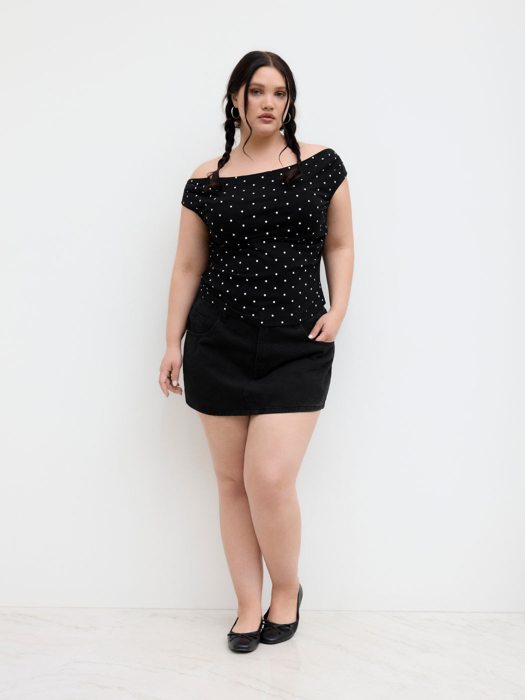 Cotton-blend Off-shoulder Polka Dot Ruched Top Curve & Plus