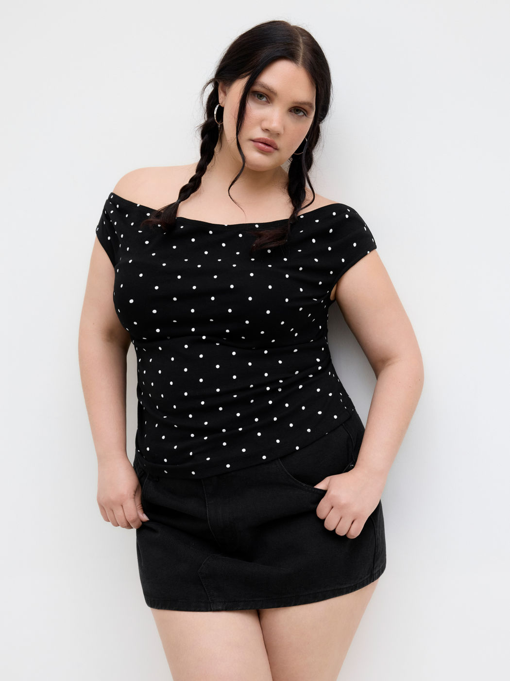 Cotton-blend Off-shoulder Polka Dot Ruched Top Curve & Plus