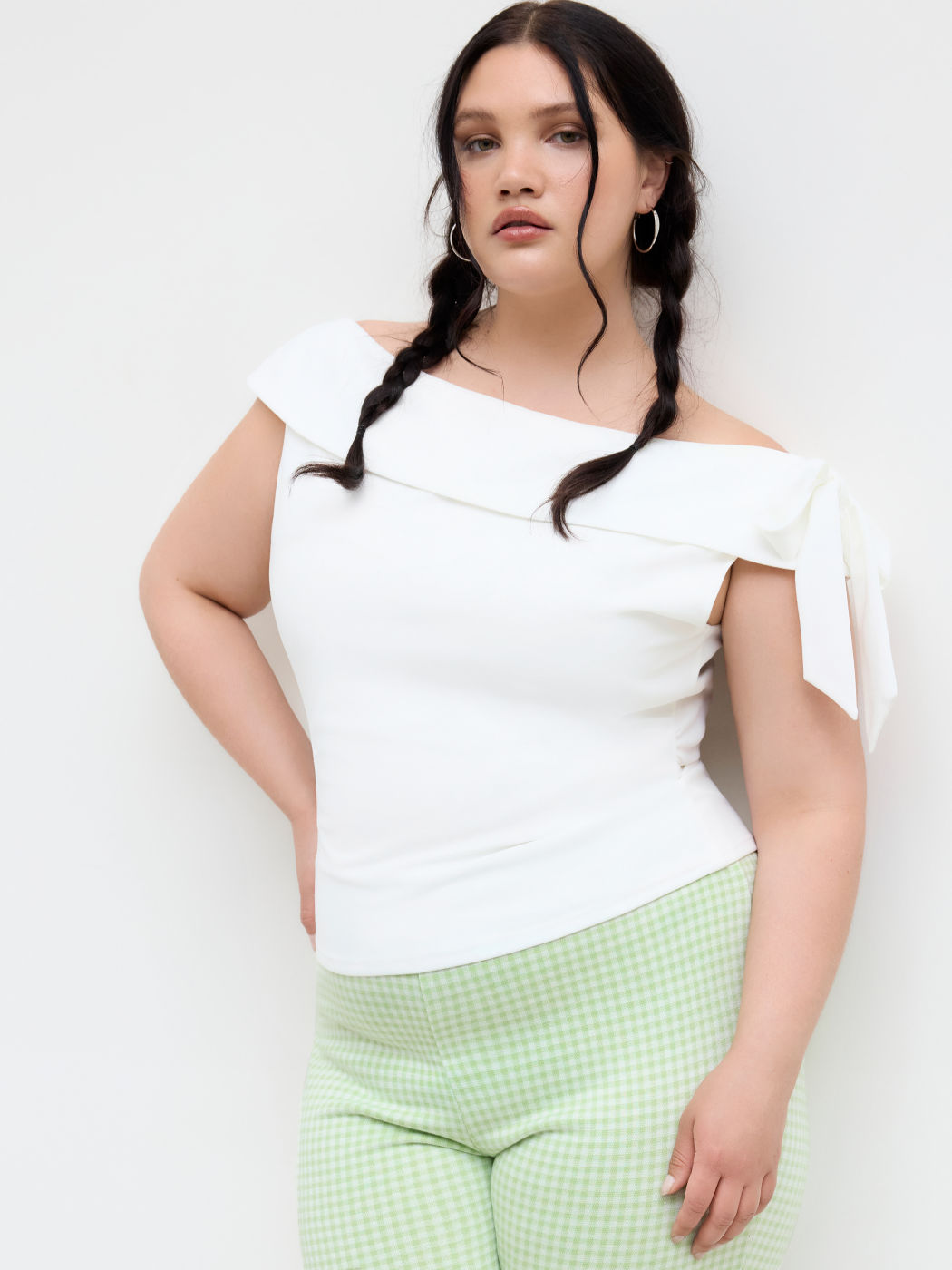 Boat Neck Bowknot Ruched Tank Top Curve & Plus