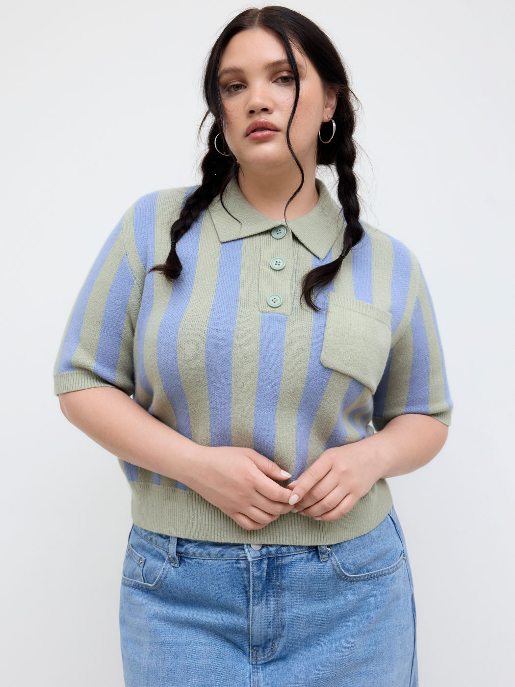 Knit Polo Collar Striped Pocket Short Sleeve Top Curve & Plus