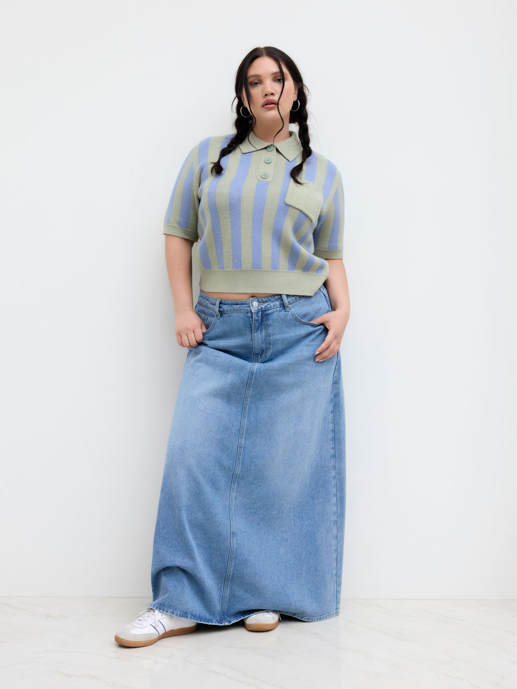 Knit Polo Collar Striped Pocket Short Sleeve Top Curve & Plus