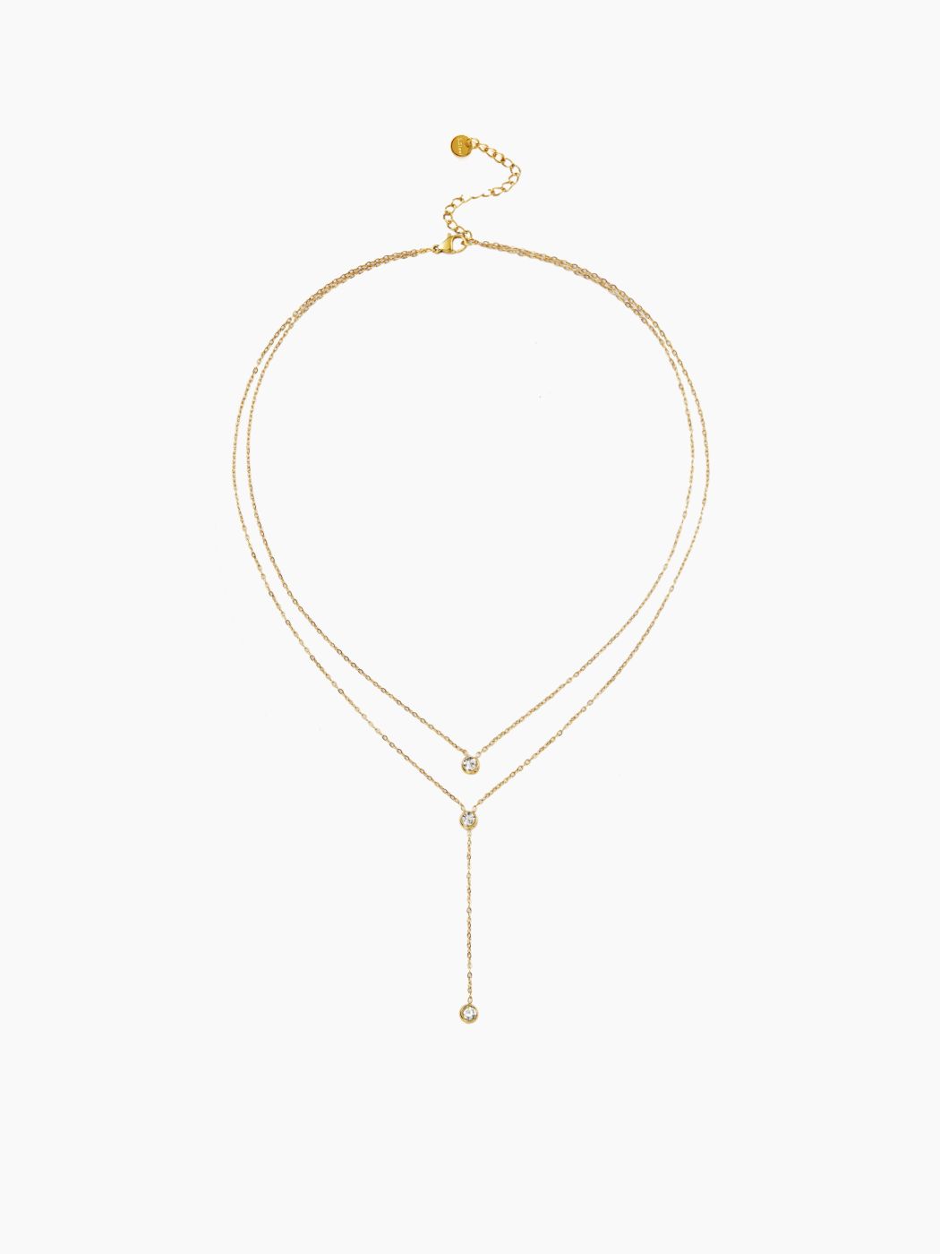 18K GOLD PLATED STAINLESS STEEL RHINESTONE DOUBLE LAYERED PENDANT NECKLACE