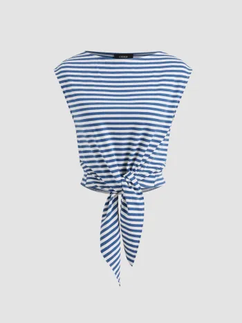 Cotton-blend Boat Neck Stripe Knotted Tee